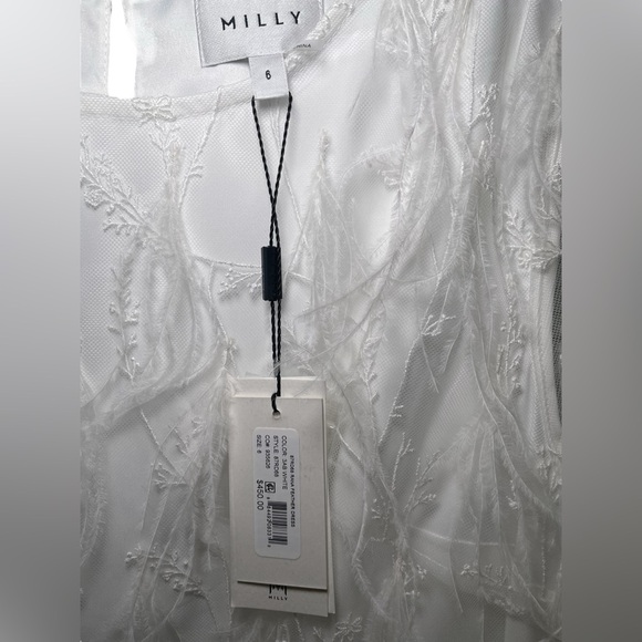 Milly Rana Feather Shift Dress White Mesh Ostrich Embroidery NWT Size 6 - Picture 6 of 8